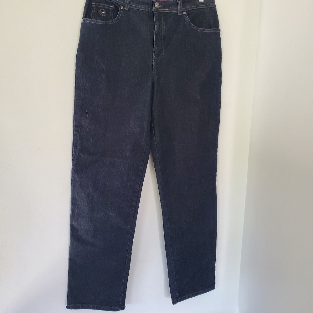 GLORIA VANDERBILT Sz 14 AMANDA Dk Wash Blue Denim Jeans Straight High Rise - Picture 4 of 16